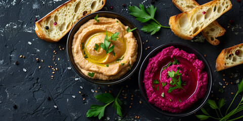Delicious hummus served with bread and parsley on a dark backdrop.