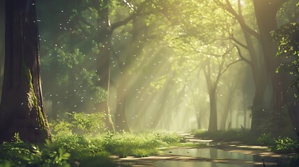 A tranquil forest scene with sunlight filtering through the trees, ideal for a calming nature background.