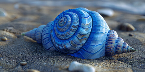 A blue shell rests on a rocky beach