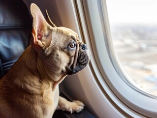 A fawn French Bulldog with wrinkled snout sits by the window on the airplane © Anna