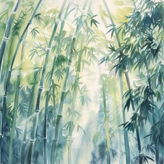 Obraz premium Watercolor painting of a serene bamboo forest with towering stalks and sunlight streaming through the canopy, Generative AI