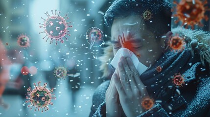 Man sneezing with virus graphics around him, wearing winter coat, outdoor setting, health risk, cold weather, viral infection.