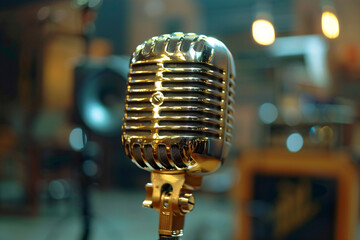 Chrome vintage microphone on stage for live performance