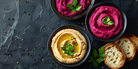 A plate of hummus with bread and parsley on a dark background