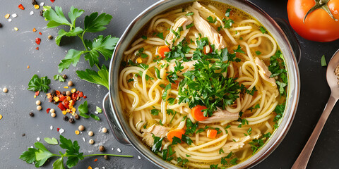 A bowl of chicken noodle soup with chunks of chicken and colourful vegetables.