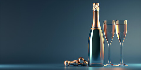 Champagne bottle with glass on the dark background
