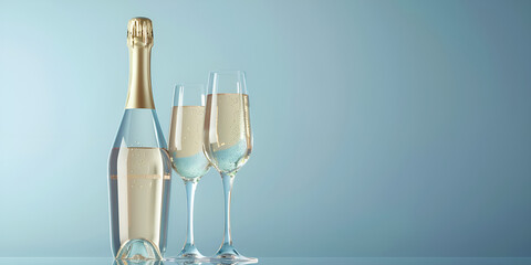 Bottle and glass of white wine on the blue background