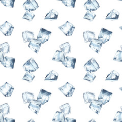 Scattered ice cubes in the shape of a trapezoid. Watercolor illustration of seamless pattern. Frozen water ornament. Ingredient for cold drinks. Packaging, textiles, menu, cocktail card
