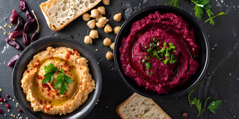 Hummus with bread and parsley on a dark background.
