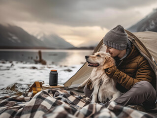 Man and dog relax in tent, surrounded by mountain landscape, under cloudy sky