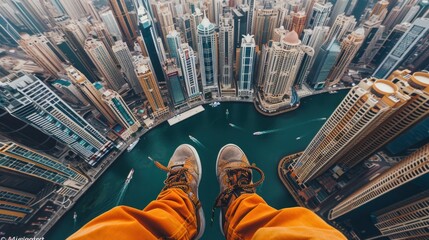 From the safety of a helicopter, the photographer leans out into the void, capturing vertigo-inducing images of skyscrapers below