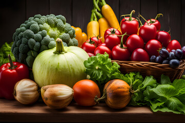 Fresh fruits and vegetables for the background, different fruits and vegetables for eating healthy.
