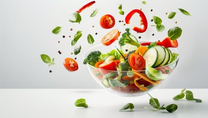 a salad bowl with flying vegetables on a white background.