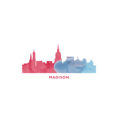 Fototapeta premium Madison, USA, Wisconsin state watercolor cityscape skyline city panorama vector flat modern logo, icon. United States of America emblem with landmarks and buildings. Isolated colorful graphic