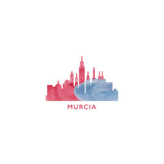 Obraz premium Murcia watercolor cityscape skyline city panorama vector flat modern logo, icon. Spain town emblem concept with landmarks and building silhouettes. Isolated colorful graphic