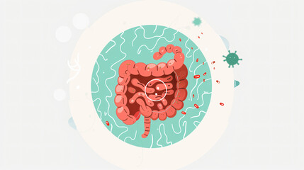 Medical illustration of human intestines with bacteria, highlighting gut health. Concept: Digestive Health.
