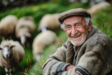 Obraz premium old shepherd with many sheep on field 