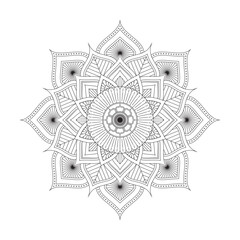 Simple Black And White Line Art Lotus Mandala Shape With Floral Dots And Petals Concept
