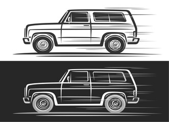 Vector logo for Off Road Car, automotive decorative banner with simple contour illustration of line art monochrome sports utility vehicle in moving, running off road car on black and white background
