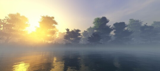 Sunset over a forest lake, morning in the forest over the water, 3D rendering