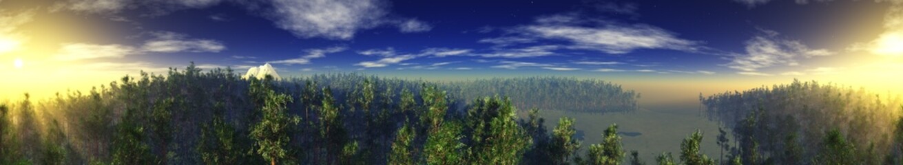 Panorama of forest hills, sunset over pine forest mountains, 3D rendering