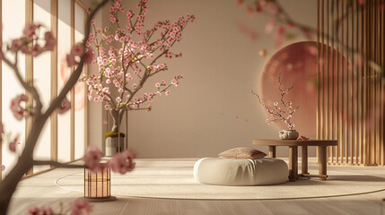 Warm Indoor Sakura Setting with Traditional Japanese Tea Table