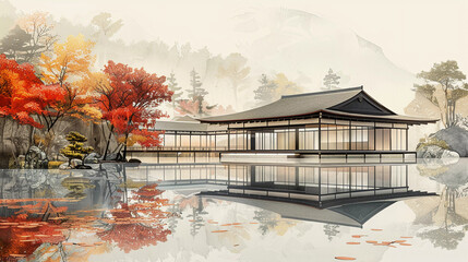 Autumn Reflections: Traditional Japanese House by the Lake