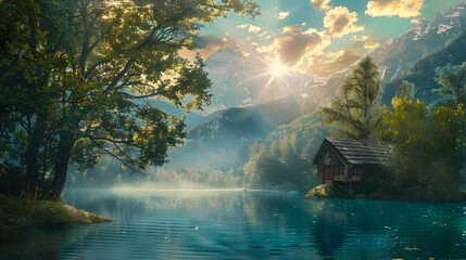 Ethereal Vista: Enchanted Forest by The Lake with Cottage and Majestic Peaks in Golden Sunset - Scene from a Fantasy Movie