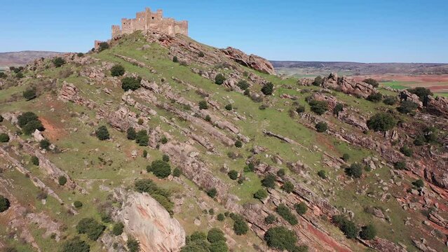 Aerial photo of Castle of Riba de Santiuste. Remains of medieval fortress in Spain.