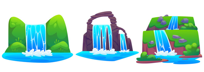 Waterfall on rocky and covered with green grass mountain. Cartoon vector illustration set of cascade falling blue water of stream from cliff. River on stone hills for natural landscape design.