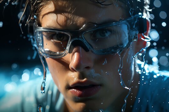 A swimmer adjusting their goggles just before jumping into the pool