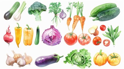 A watercolor illustration of an assortment of vegetables on white background, in the style cute and quirky, illustration clipart with isolated white backgrounds. png.