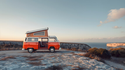 Vintage Camper Van against Spectacular Mountainous Landscape at Dusk