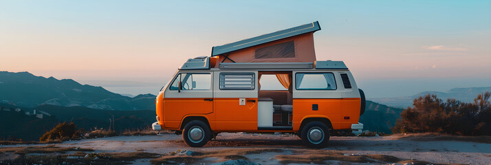 Vintage Camper Van against Spectacular Mountainous Landscape at Dusk