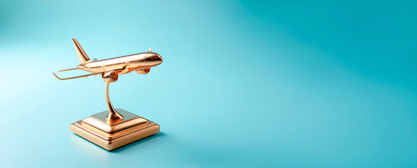3d render. Elegant golden airplane model on a stand, isolated on a blue gradient background, symbolizing luxury travel and adventure.