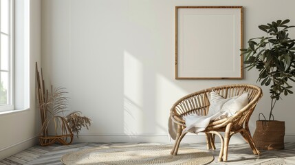 interior with wicker chair and wooden frame  