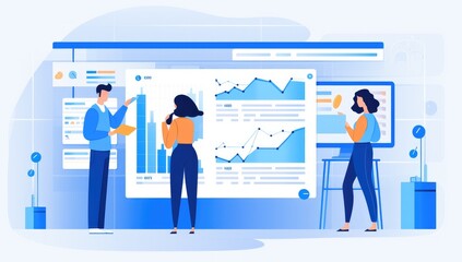 Obraz premium Digital marketing data analysis, team people looking at a computer screen with graphs and charts floating around them, light blue background.
