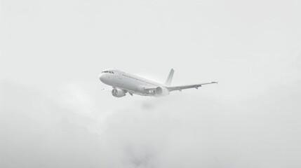 A white airplane is flying through a foggy sky