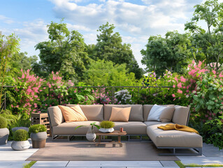 Schöne Terrasse mit Sitzecke und Kissen auf der Couch und Blumentöpfen. Sommerliches Licht. Großer Garten mit grünem Rasen.