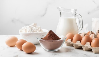 Neatly arranged basic baking ingredients on a white marble surface