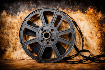 Obraz premium old film cinematic backdrop , loader film reel 35 mm with burned leaks background , old tv style vintage countdown loader overlay nostalgic wallpaper