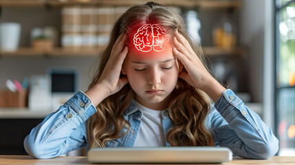 Young girl 10s holding head, brain highlighted in red symbolizing headache. Concept: autism, headache, ADHD, autistic shutdown