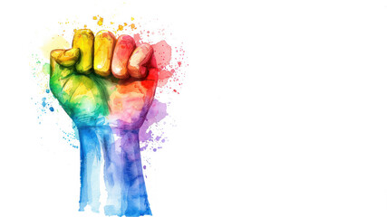 Rainbow watercolor of a raise woman fist for pride homophobia human rights