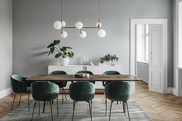 Interior design of a small family dining room, Green chairs, wooden table, panel wall, beautiful light, and picture frame on the wall.