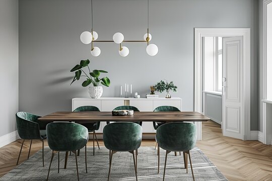 Interior design of a small family dining room, Green chairs, wooden table, panel wall, beautiful light, and picture frame on the wall.