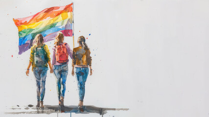 Watercolor paint of many women holding rainbow flag for pride celebration