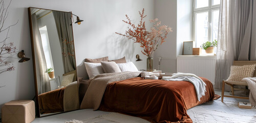Chic Scandinavian loft bedroom with a luxurious velvet bedspread, simple furniture, and a large, statement mirror.
