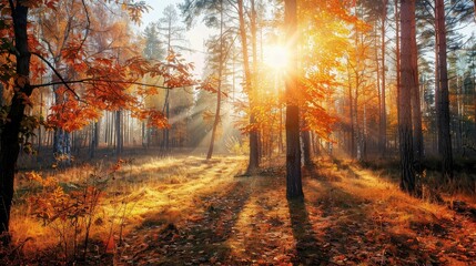 Obraz premium Autumn forest nature. Sunny morning in colorful fores. generative ai