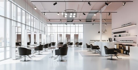 Interior Of Luxury Hairdressing And Beauty Salon With Chairs, Mirrors, Tiled Floor