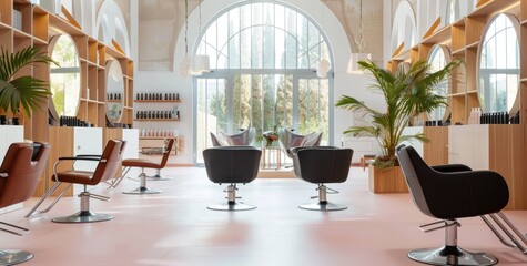 Interior Of Luxury Hairdressing And Beauty Salon With Chairs, Mirrors, Tiled Floor